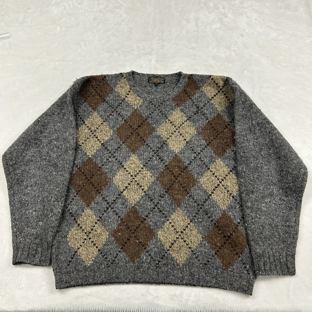 Brooks Brothers Sweater Mens L Grey Argyle Shetland Wool Crew Neck Pullover 0982